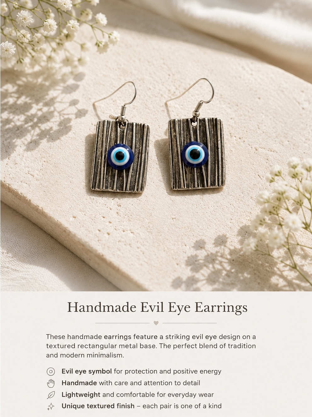Handmade Evil Eye Dangle Earrings - Blue & Silver
